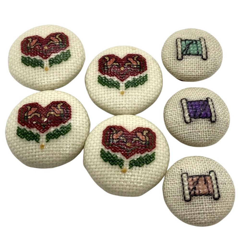 Vintage Lot of 7 Cross Stitch Heart & Thread Spool Button Covers‎ 80s 90s Style